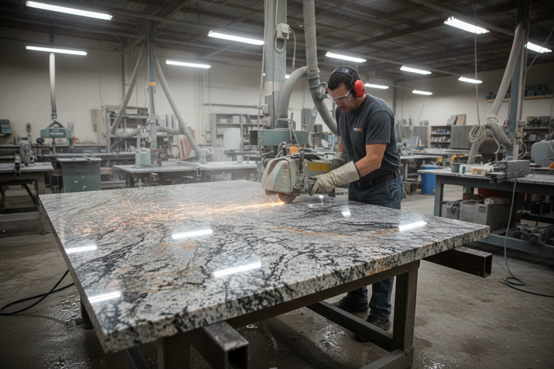 fabricator cutting granite slab