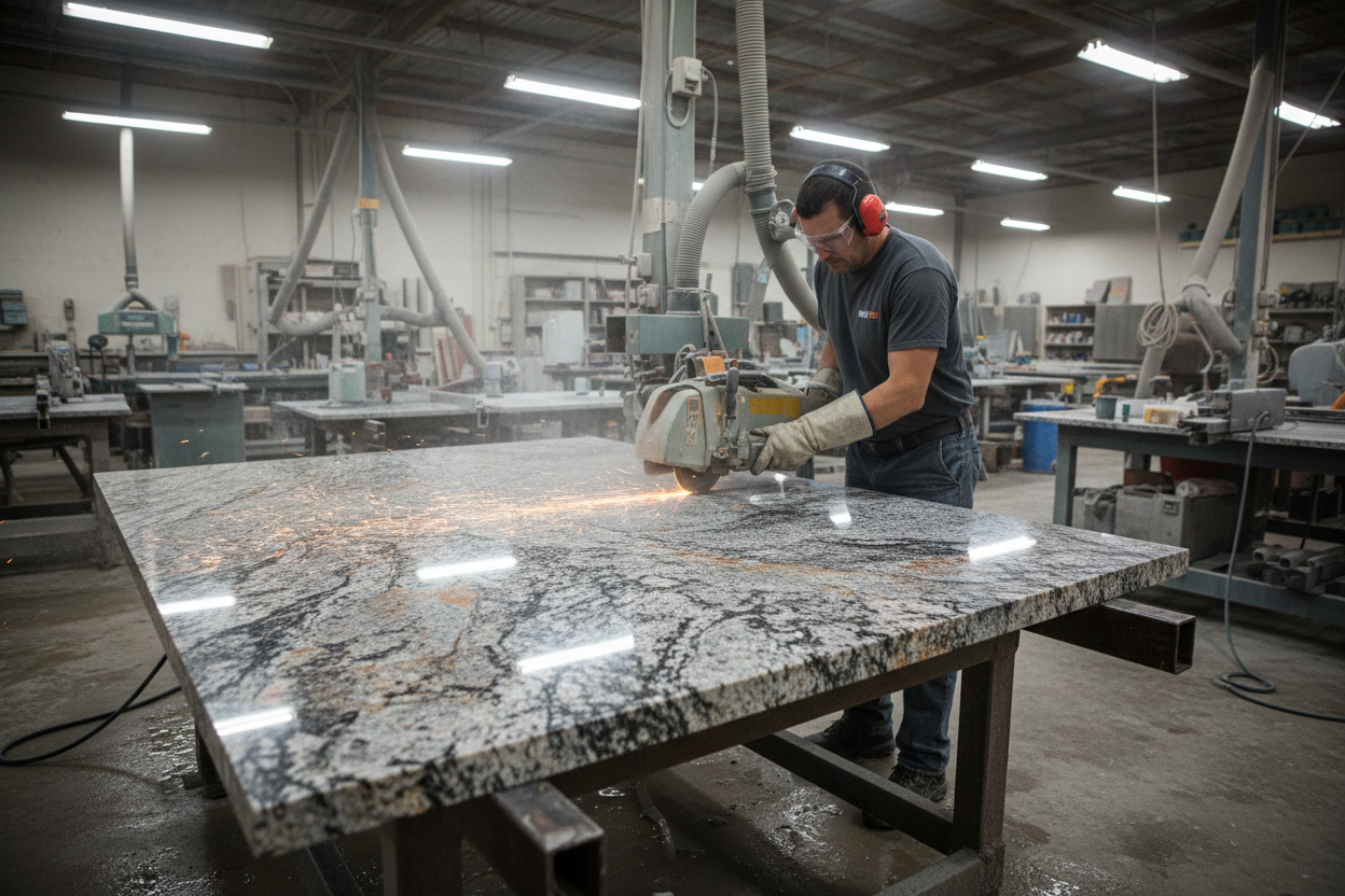 fabricator cutting granite slab