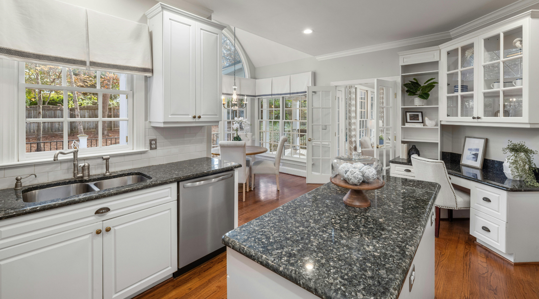 Modern kitchen with polished granite countertops
