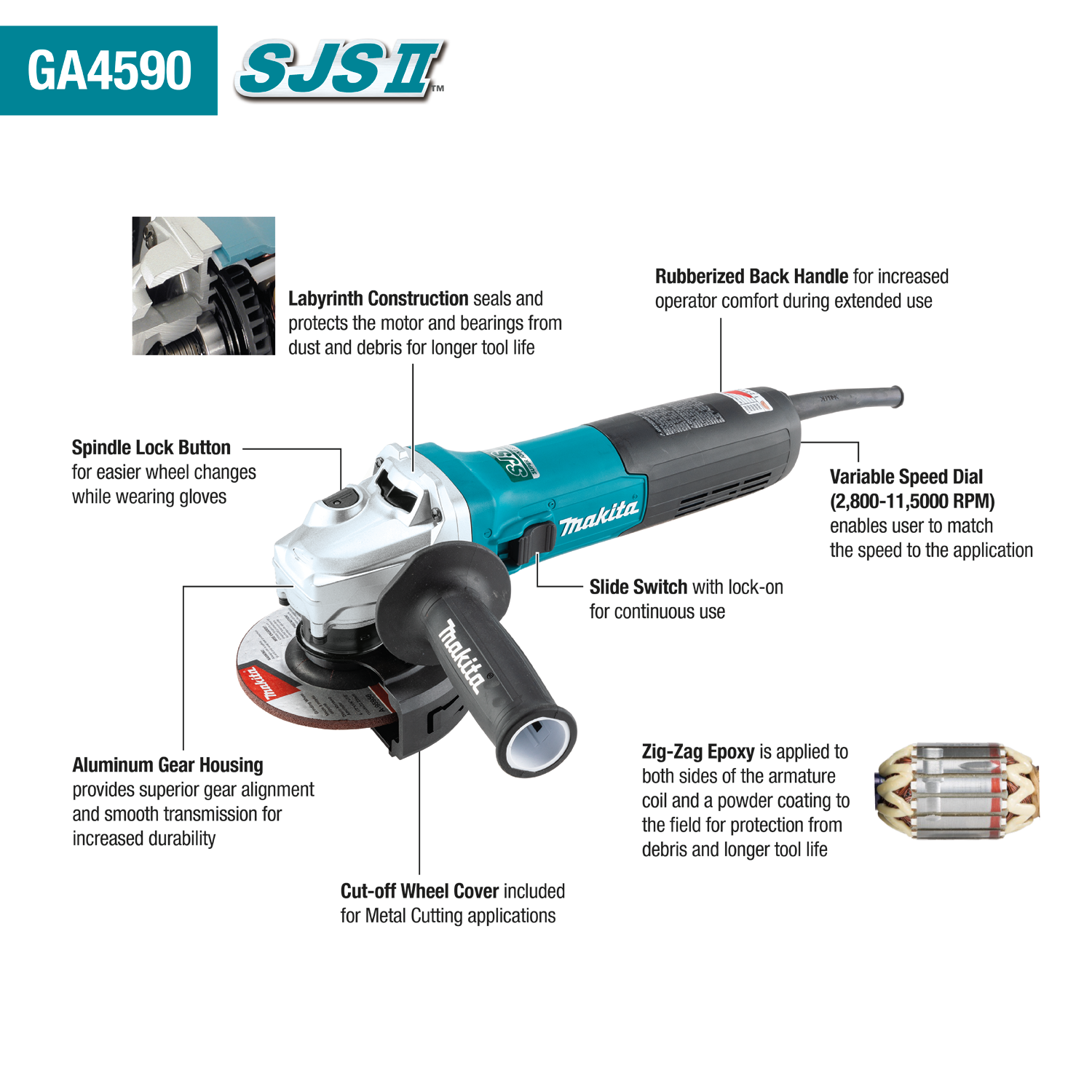 Makita GA4590 4‑1/2" SJS™II High‑Power Angle Grinder